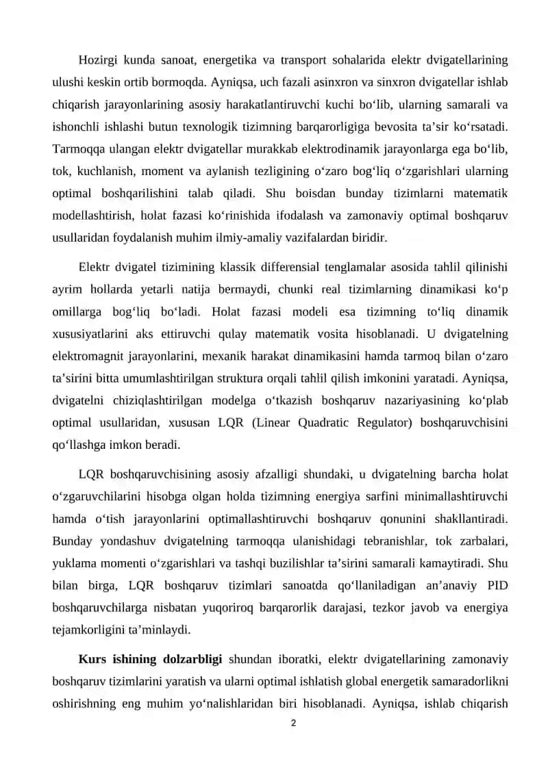 Tarmoqqa ulangan elektr dvigatel tizimining holat modelini va LQR boshqaruvchisini sintez qilishning 2