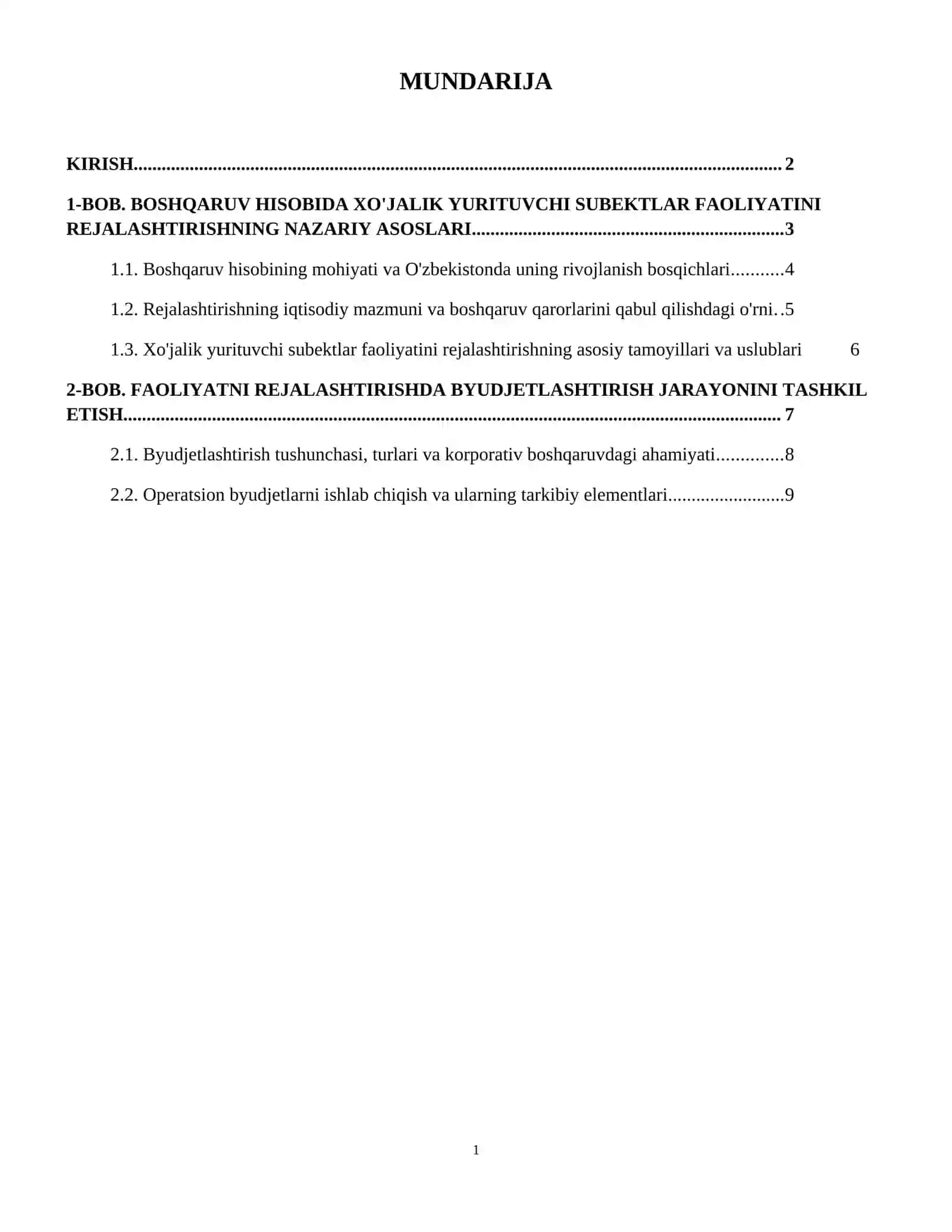 Boshqaruv hisobida xo‘jalik yurituvchi subektlar faoliyatini rejalashtirish va byudjetlashtirish. 2