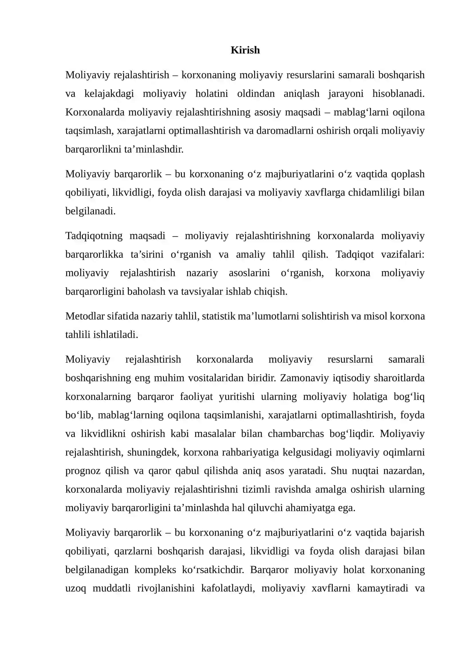 KORXONALARDA MOLIYAVIY REJALASHTIRISHNING AHAMIYATI VA UNING MOLIYAVIY BARQARORLIKKA TA’SIRINI TAHLIL QILISH 2