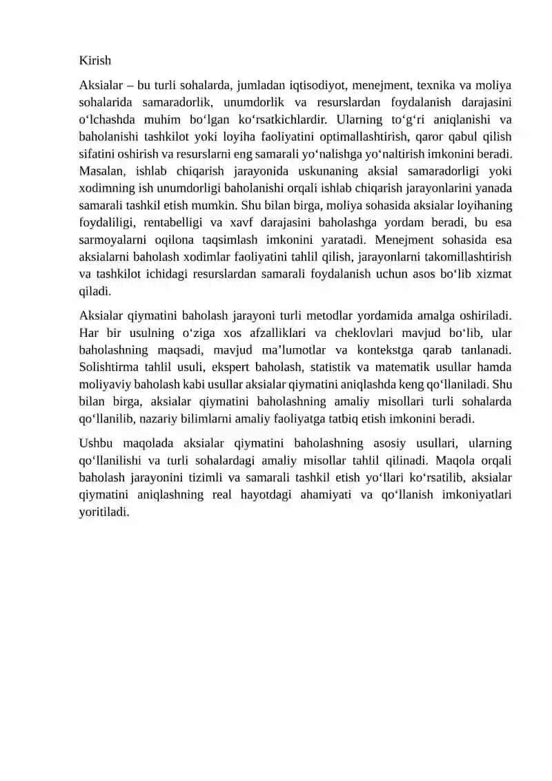 Aksialar qiymatini baholash ususllari va ularni qollanishi 2