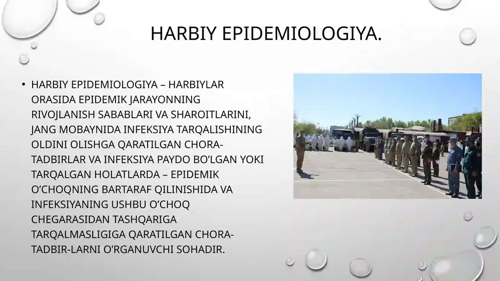 Harbiy epidemiologiya moduli haqida. Qo’shinlarda epidemik jarayonni rivojlanish mexanizmi. Bakteriologik (Biologik) qurol. Bakteriologik qurolga ta’rif. Sanitariya epidemiologik razvetka. Bakteriologik razvetka. 2