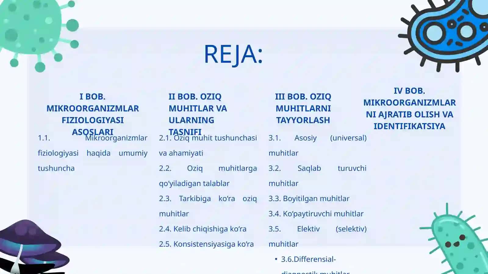 MIKROORGANIZMLAR FIZIOLOGIYASI, MIKROORGANIZMLARNI O‘STIRISH VA SOF KULTURA AJRATIB OLISH USULLARI 2