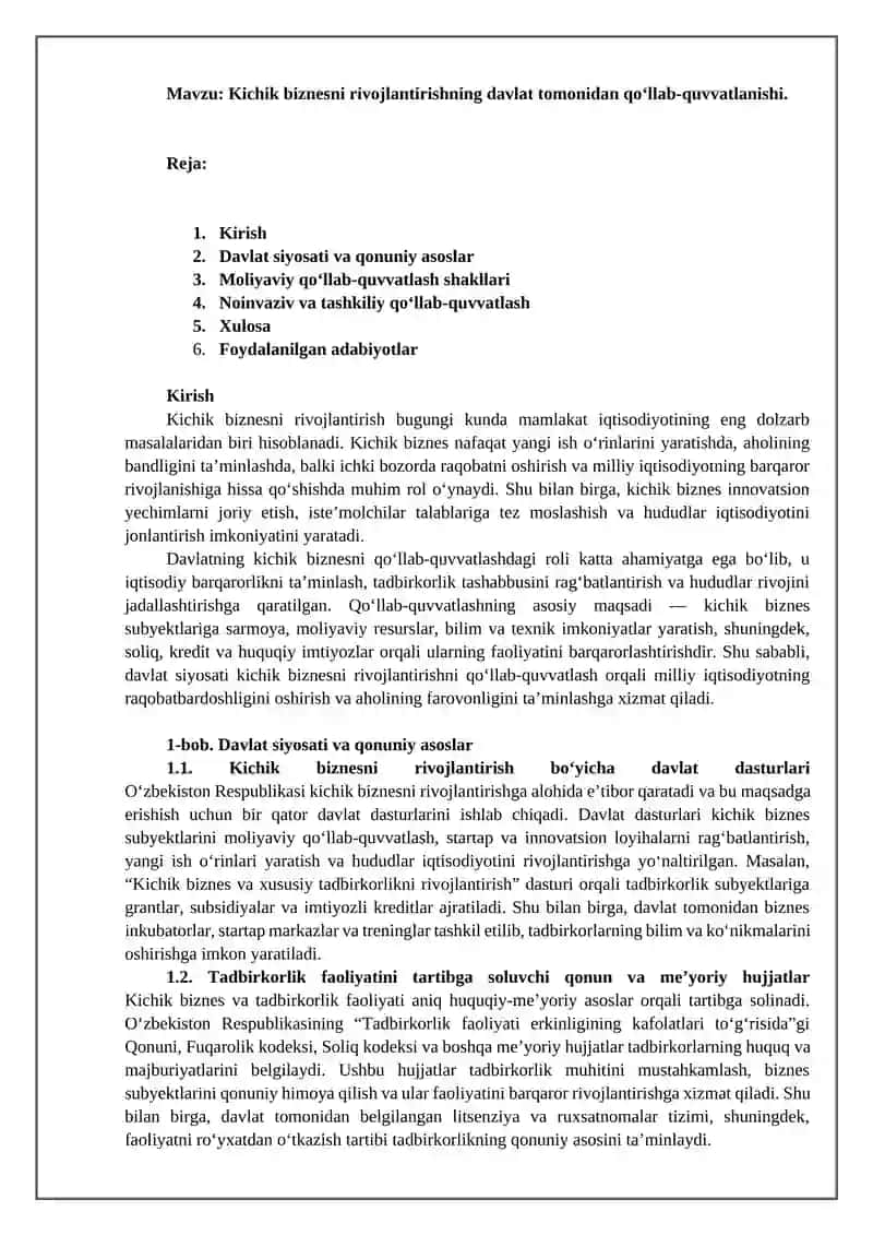Kichik biznesni rivojlantirishning davlat tomonidan qo‘llab-quvvatlanishi 2