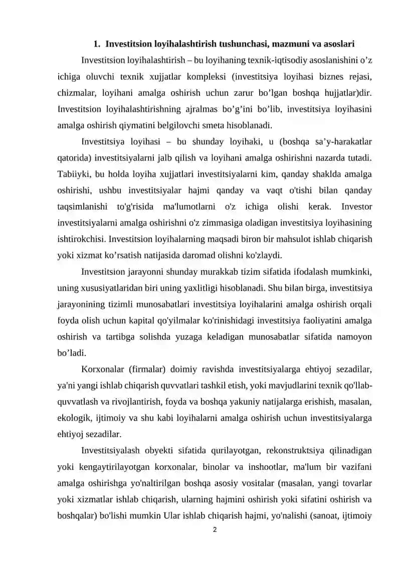 Investitsiyaning loyihaviy investitsiyalash 2