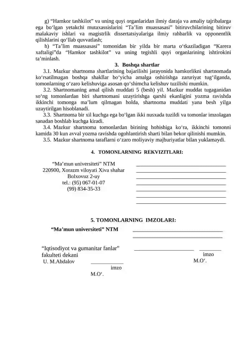 Ta’lim muassasasi va Hamkor tashkiloti bilan hamkorlik shartnomasi 2
