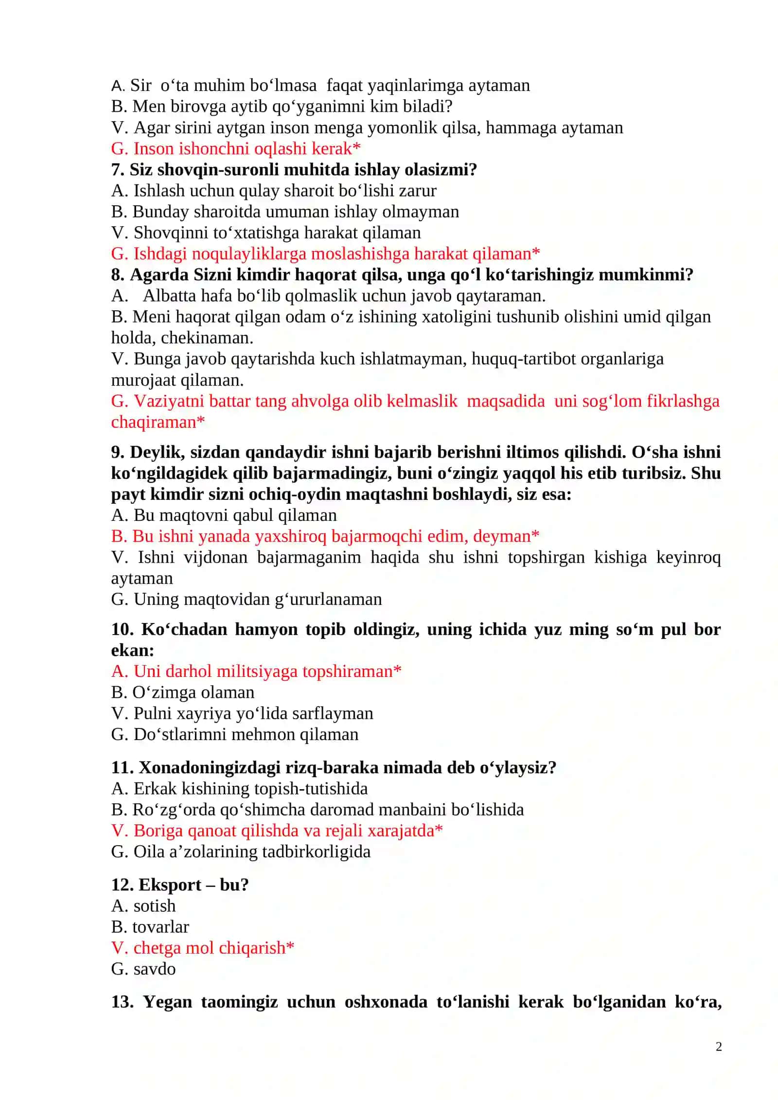 BOJXONA STUDENTLARI UCHUN TEST SAVOLLARI 6 BOSQICHDA 2