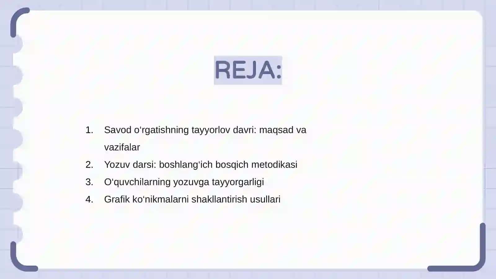 Savod o‘rgatishning tayyorlov davri yozuv darsi uchun metodik tavsiyalar ishlab chiqish 2
