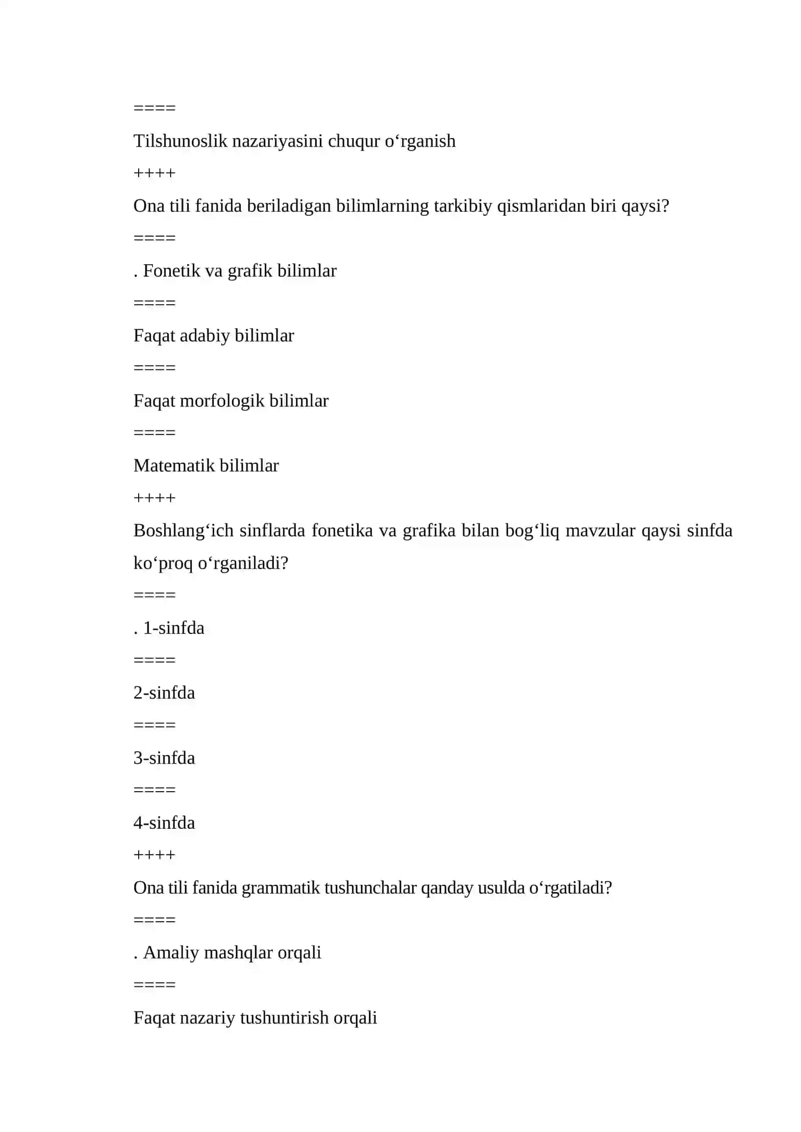 Boshlang‘ich ta’limda “Ona tili” va “O‘qish” darsliklari mazmuni fanidan oraliq va yakuniy nazorat TEST savollari 2