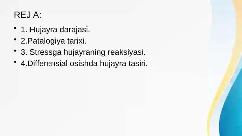 Hujayra sog‘liq va kasallikning struktur birligi. Patologiyaga kirish. Zararli tasirlar va stressga hujayra reaksiyasi. Differensiyalanish va o‘sishga hujayra moslashuvi. 2