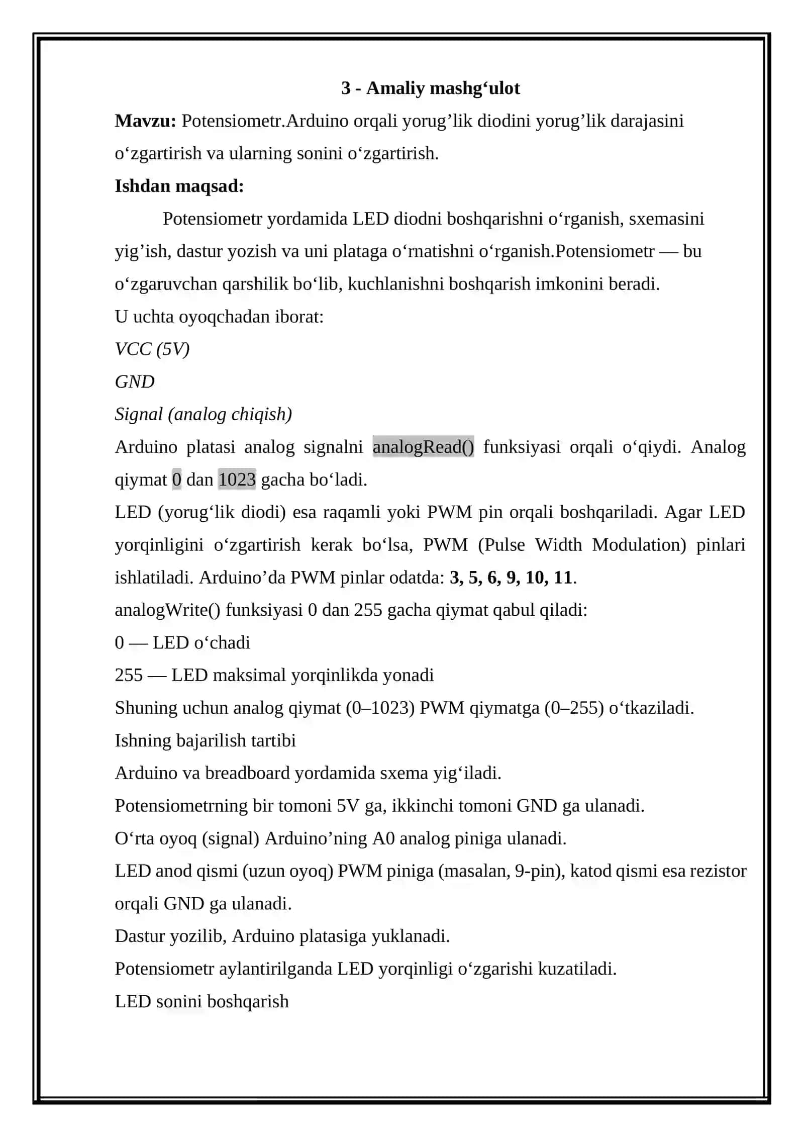 Potensiometr.Arduino orqali yorug’lik diodini yorug’lik darajasini o‘zgartirish va ularning sonini o‘zgartirish 2