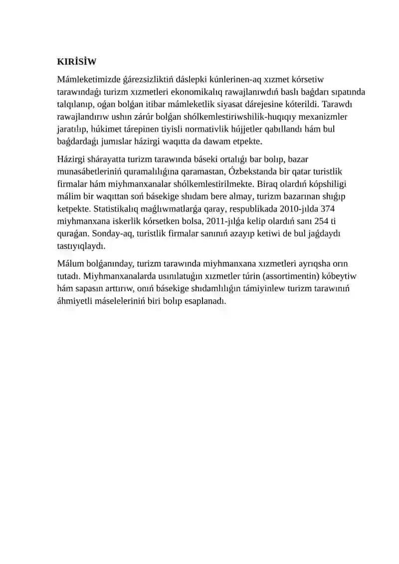 Miymanxana xizmeti túrleri, klassifikaciyası hám sapa standartları. 2