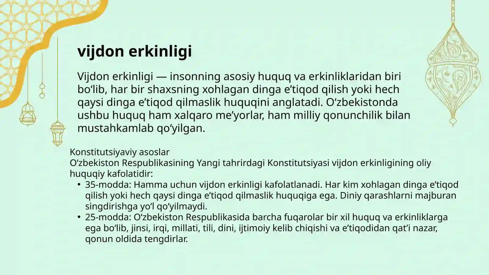 Vijdon erkinligi va uning huquqiy-me'yoriy asoslari 2