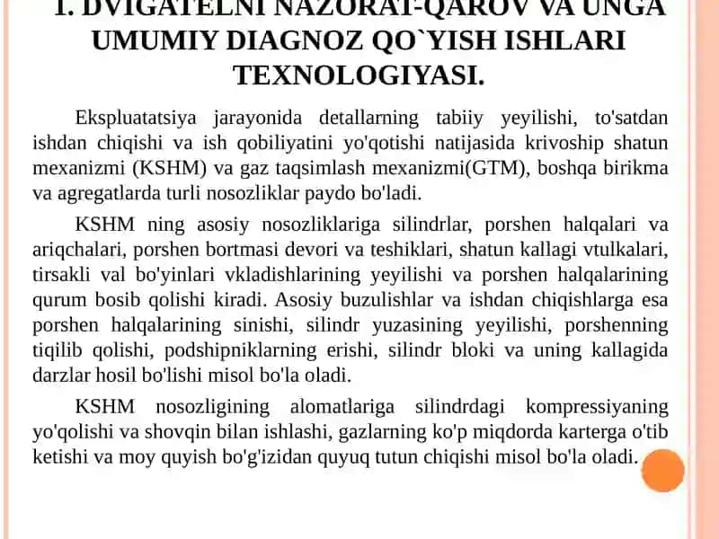 Avtomobil dvigatеliga texnik xizmat ko`rsatish va ta’mirlashishlaritеxnologiyasi 2