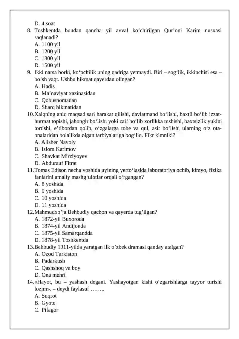 9-SINF O’QUVCHILARI UCHUN TARBIYA FANIDAN NAZORAT ISHI 2