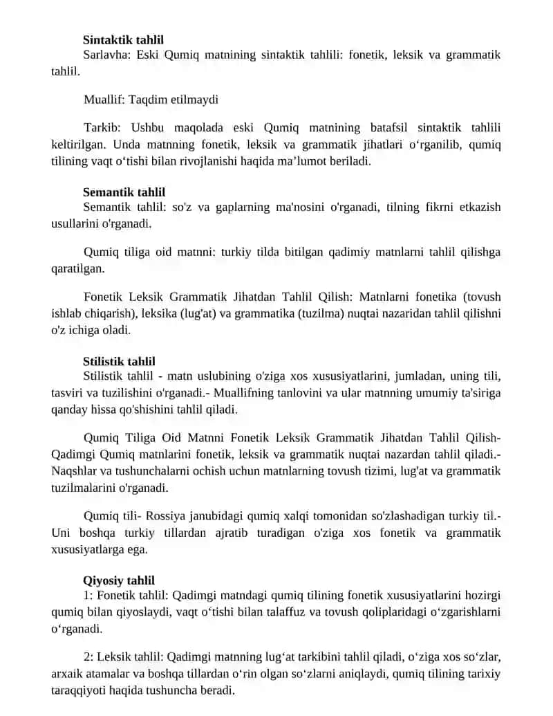 Qumiq Tiliga Oid Matnni Fonetik Leksik Grammatik Jihatdan Tahlil Qilish 2