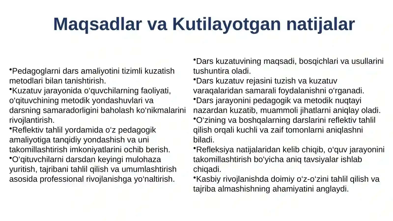 Dars amaliyotini kuzatish va reflektiv tahlil qilish 2