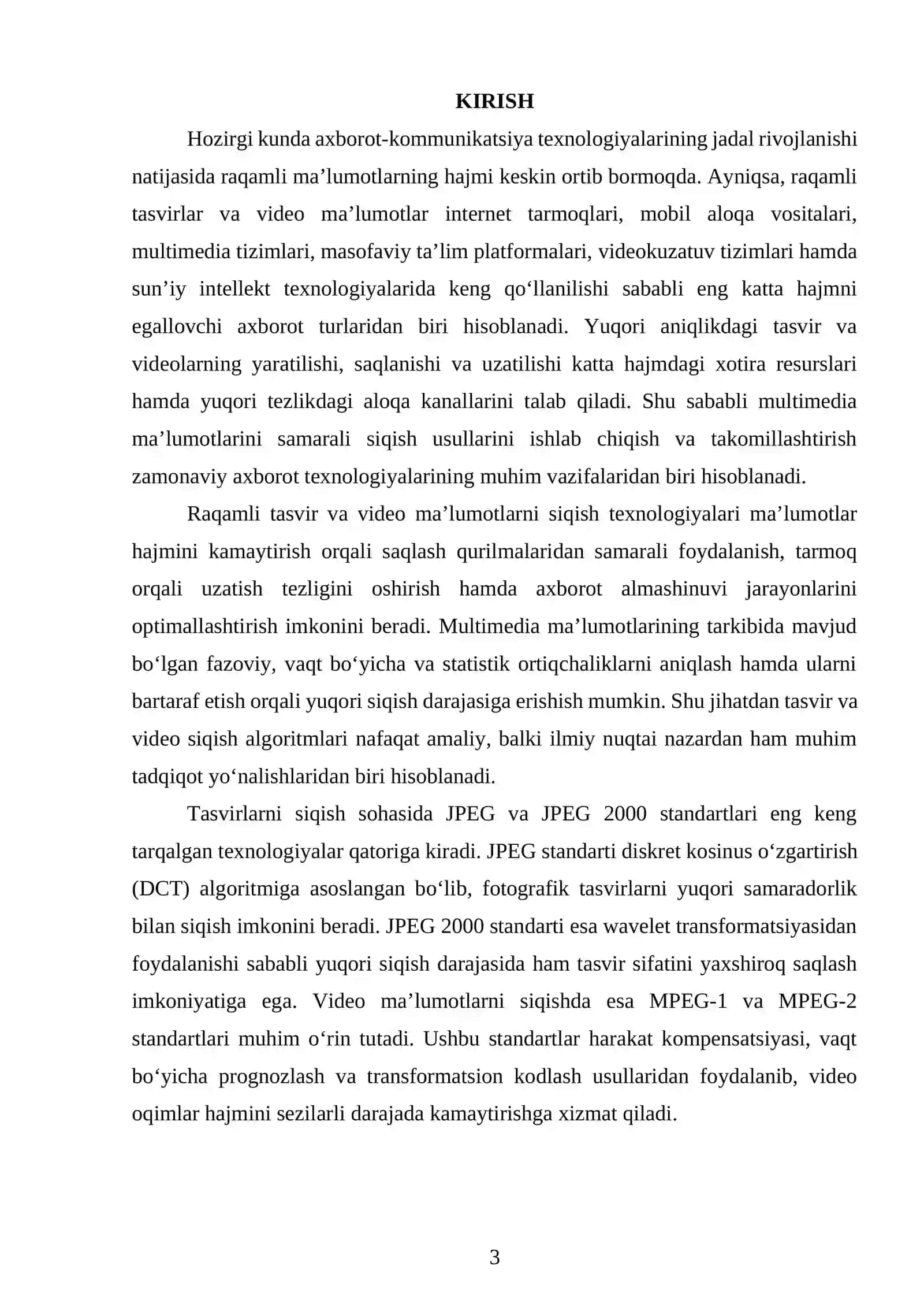JPEG, JPEG 2000, MPEG-1 va MPEG-2 standardlari asosida raqamli tasvir hamda video maʼlumotlarini siqish usullarini tahlil qilish 2
