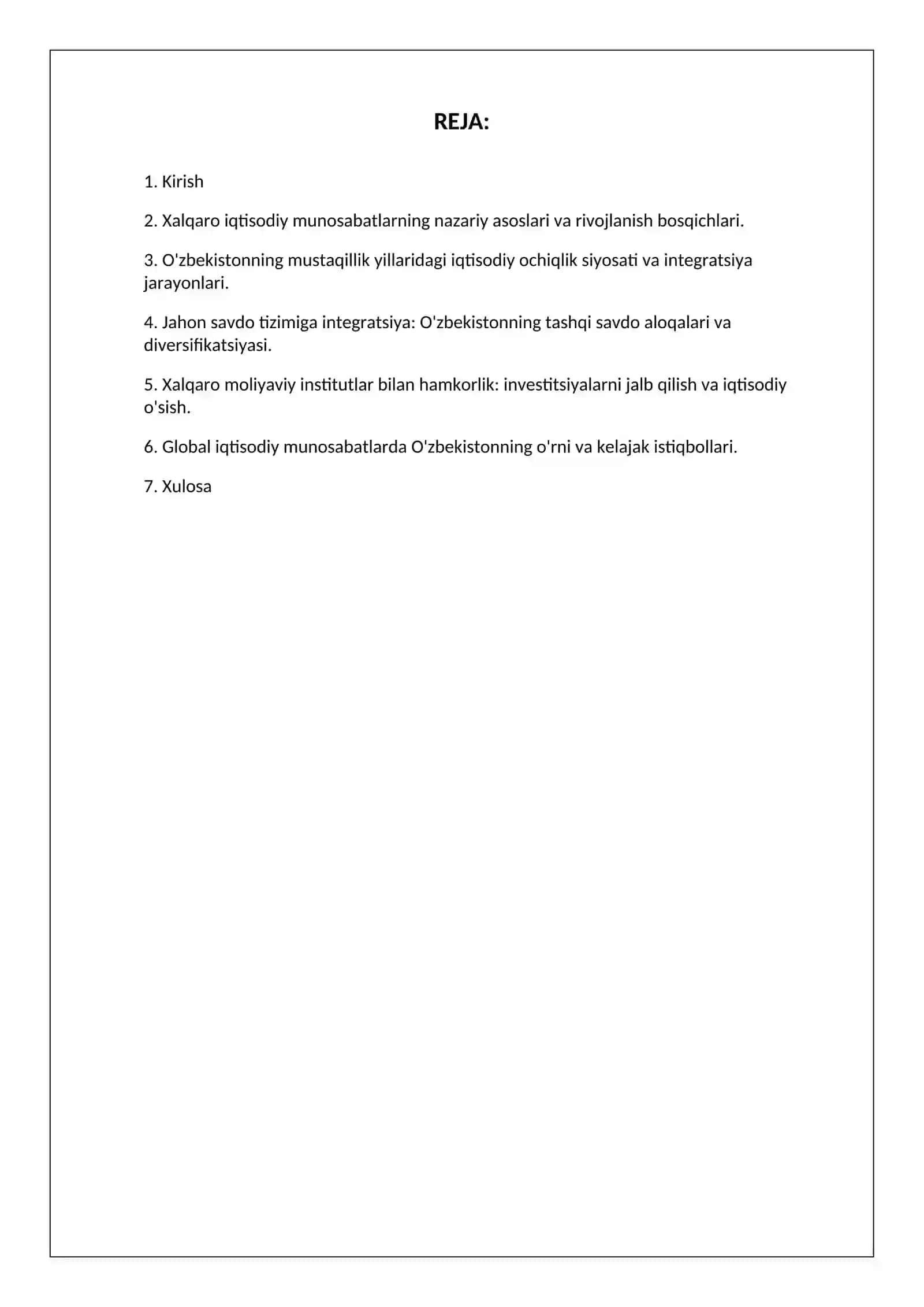 XALQARO IQTISODIY MUNOSABATLAR. O’ZBEKISTONNING JAHON HAMJAMIYATIGA KIRIB KELISHI 2