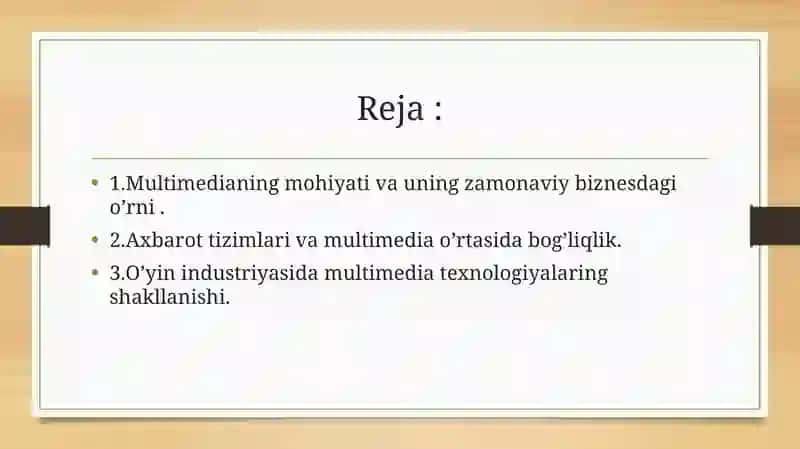 Multimediadan biznesda foydalanish. Multimediadan axbarot taminotida foydalanish .  Multimediadan o’yinlarda foydalanish 2