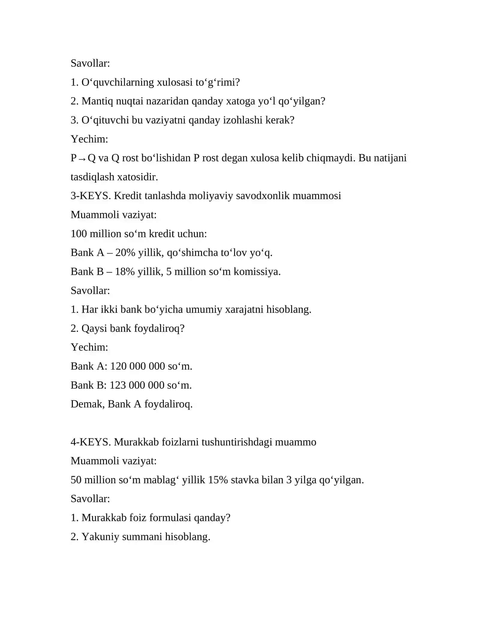 To‘plamlar, mantiq va moliyaviy matematika elementlarini o‘qitish metodikasi .Keys-stadi 2