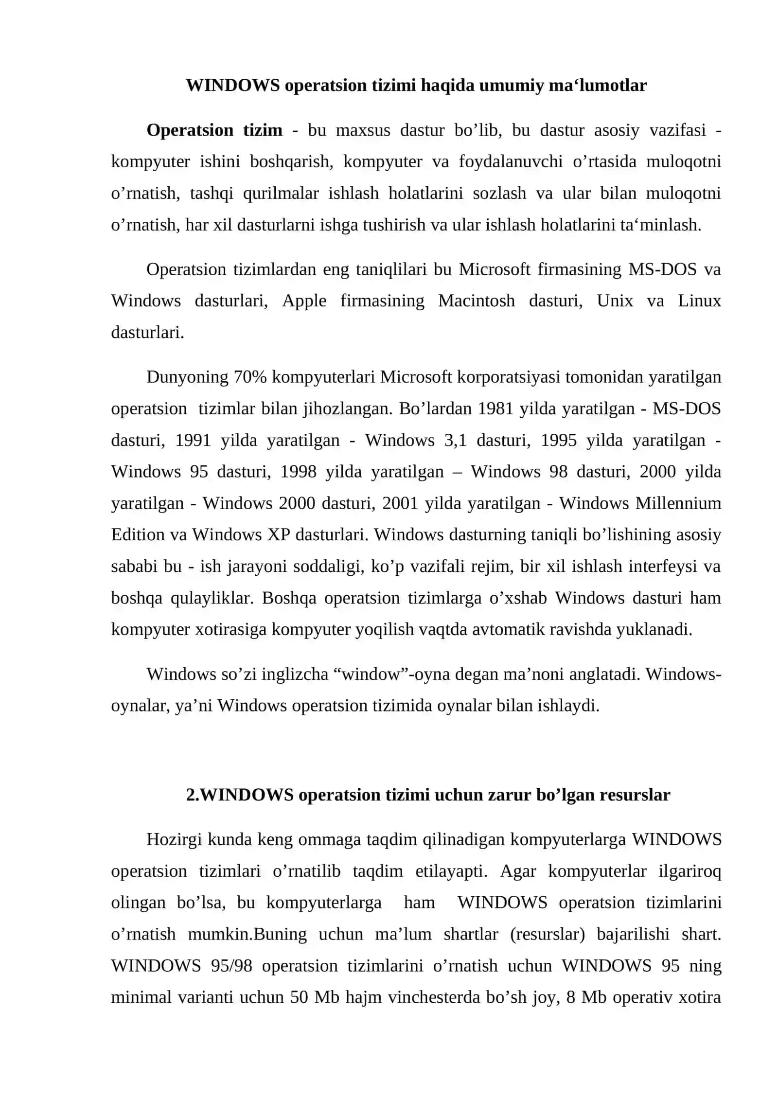 Windows operatsion tizimi haqida umumiy tushunchalar 2