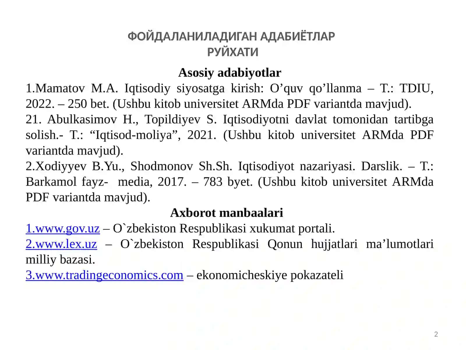 Iqtisodiy siyosatga kirish: O’quv qo’llanma 2