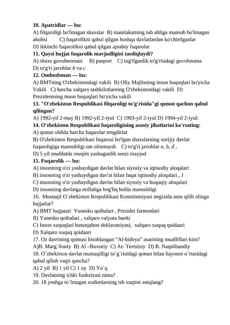 Huquqshunoslik 8- sinf test “Bilimlar bellashuvi” 2
