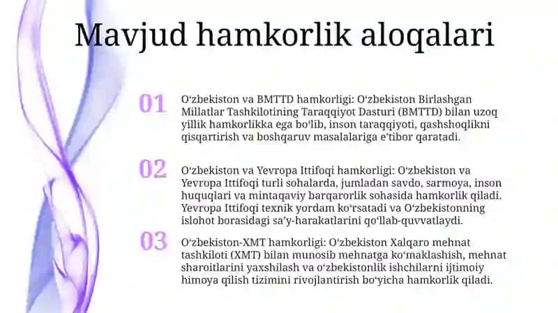 Oʻzbekistonda Xalqaro Tashkilotlar Bilan Hamkorlik Aloqalari 2