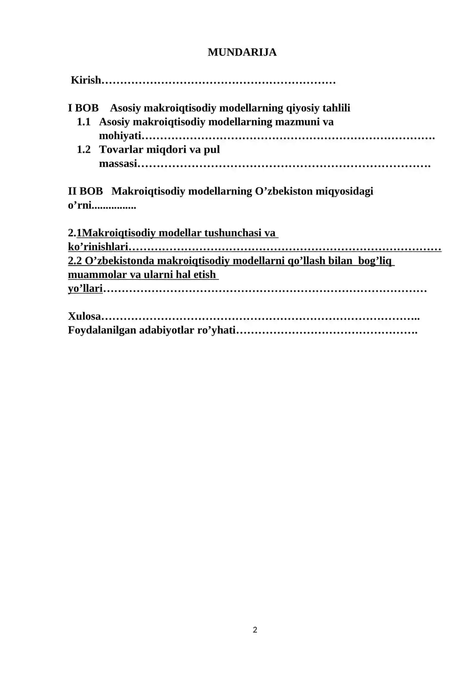 Asosiy makroiqtisodiy modellarning qiyosiy tahlili 2
