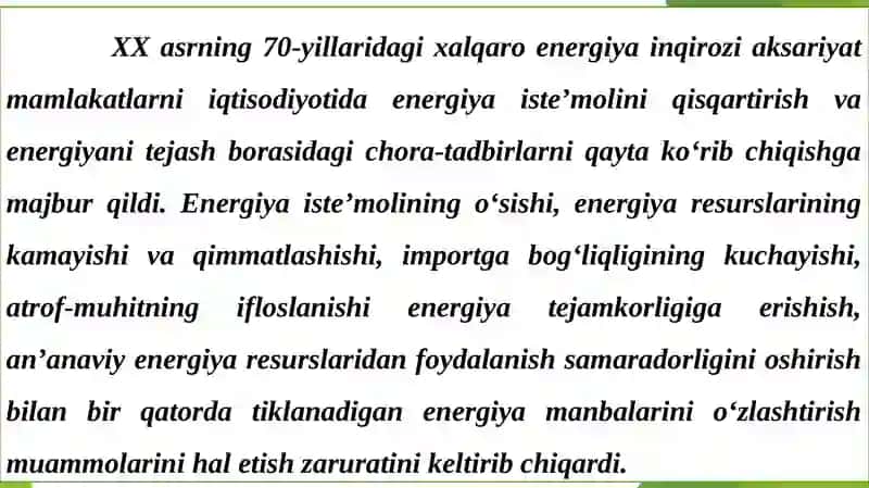 ENERGIYANI TEJASH VA ENERGIYA SAMARADORLIGINI OSHIRISH JAHON ENERGETIKA TARMOG‘INI RIVOJLANTIRISH OMILI SIFATIDA 2