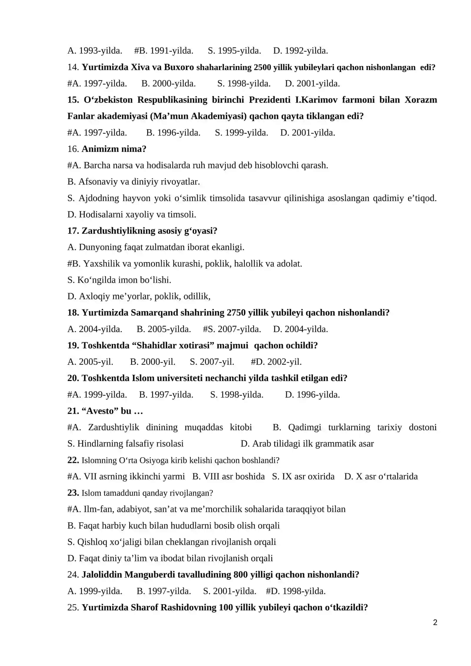 MA’NAVIYATSHUNOSLIK FANIDAN YAKUNIY NAZORAT TEST SAVOLLARI 2