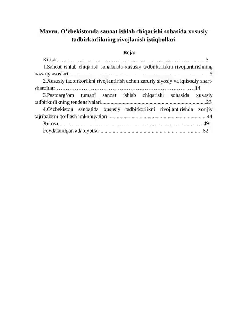 “O‘zbekistonda sanoat ishlab chiqarishi sohasida xususiy tadbirkorlikning rivojlanish istiqbollari” mavzusida ilmiy ish 2
