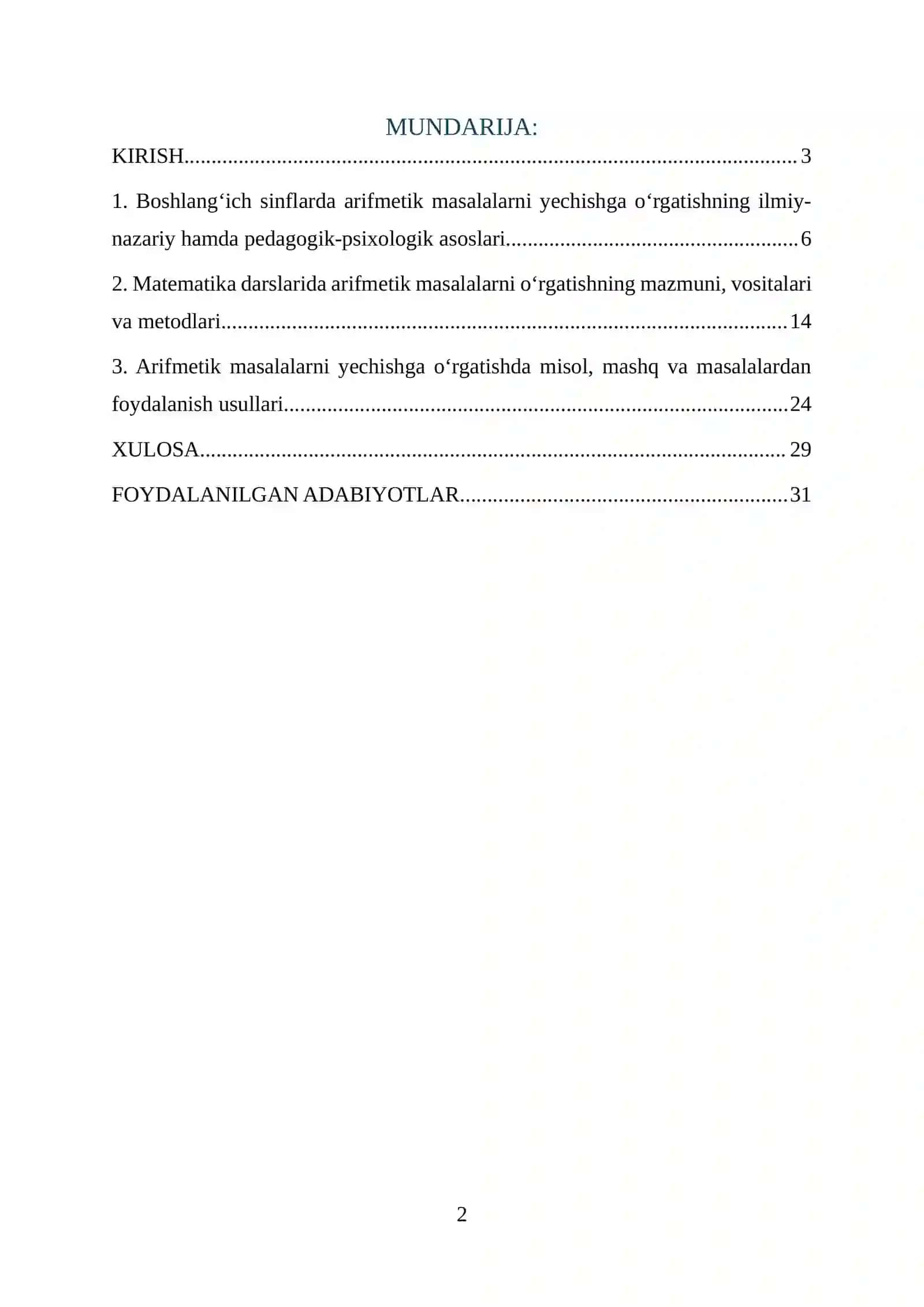 BOSHLANG‘ICH SINFLARDA ARIFMETIK MASALALARNI YECHISHGA O‘RGATISH METODIKASI 2
