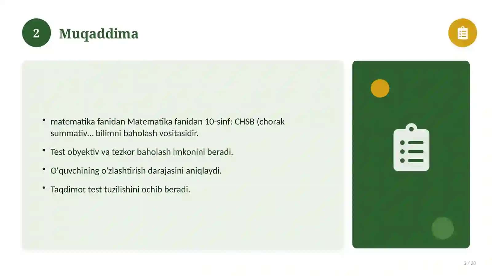 Matematika fanidan 10-sinf: CHSB (chorak summativ baholash) 2