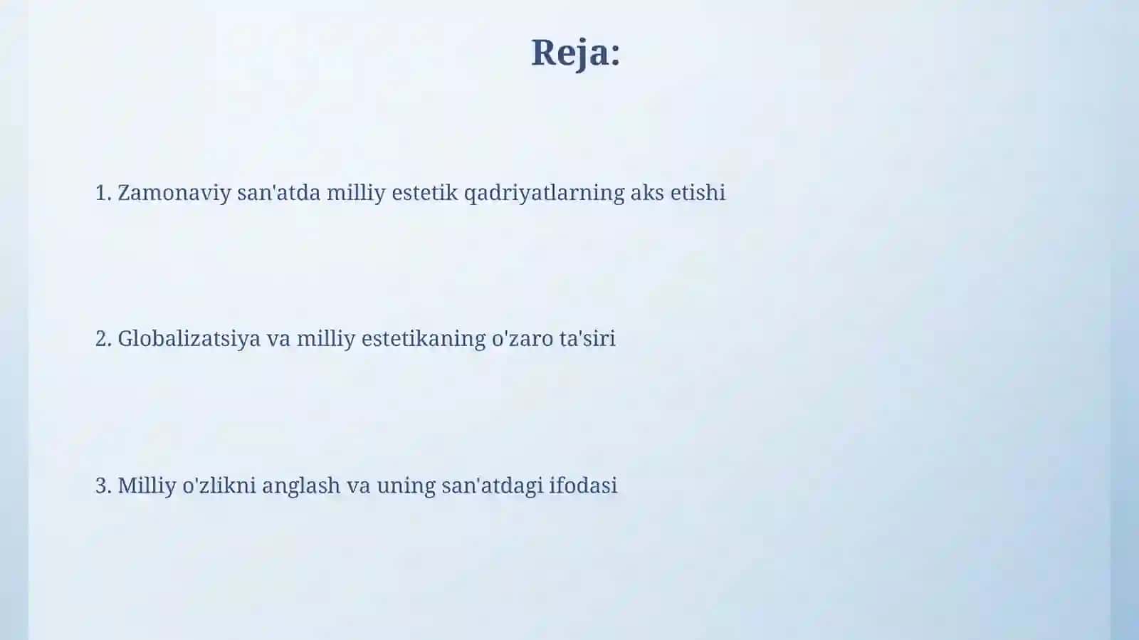 Zamonaviy san’atda milliy estetik qadriyatlarning aks etishi. 2