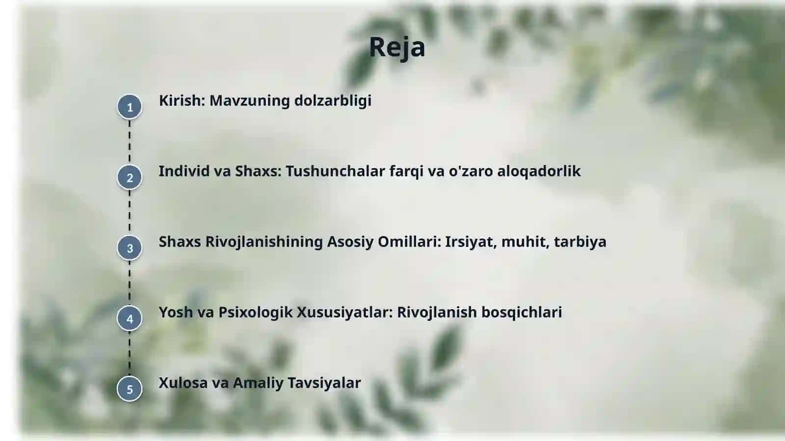 Shaxsning rivojlanishi, tarbiyasi va ijtimoiylashuvi. “Individ” va “shaxs” tushunchasi. Shaxs rivojlanishining ijtimoiylashuv bilan aloqadorligi. Shaxs rivojlanishida irsiyat, muhit va tarbiyaning tutgan o‘rni. Shaxs rivojlanishining yosh va psixologik xususiyatlari. 2