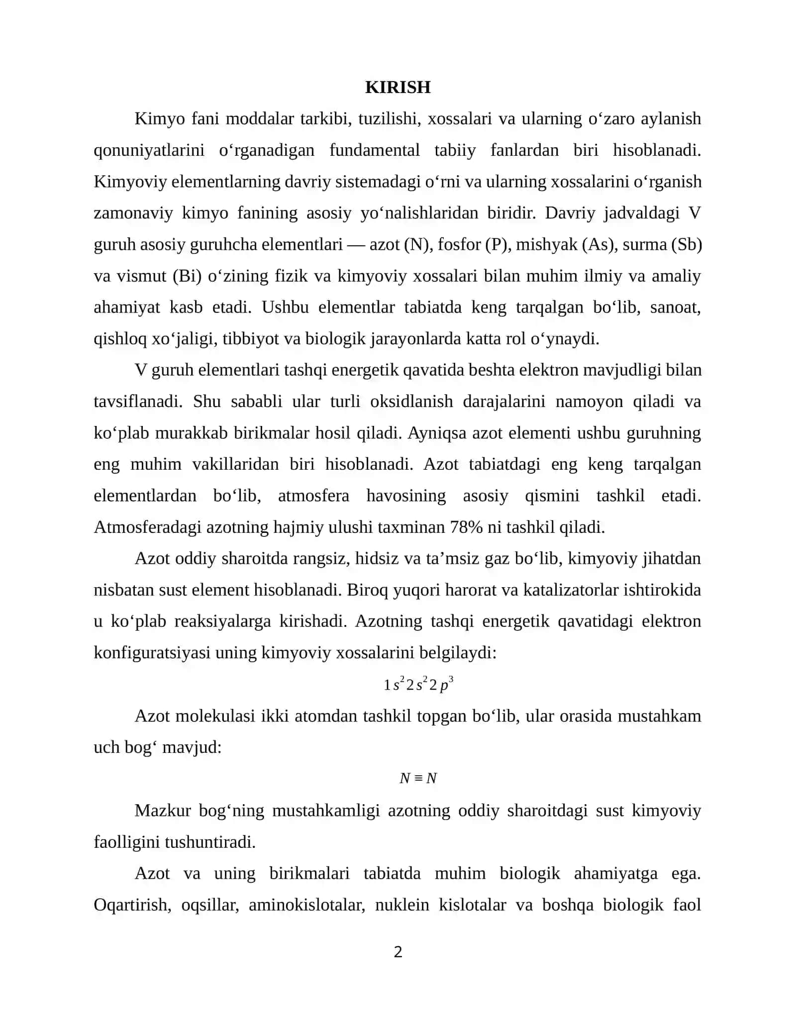V GURUH ELEMENTLARINING UMUMIY TAVSIFI. AZOT VA UNING XOSSALARI 2
