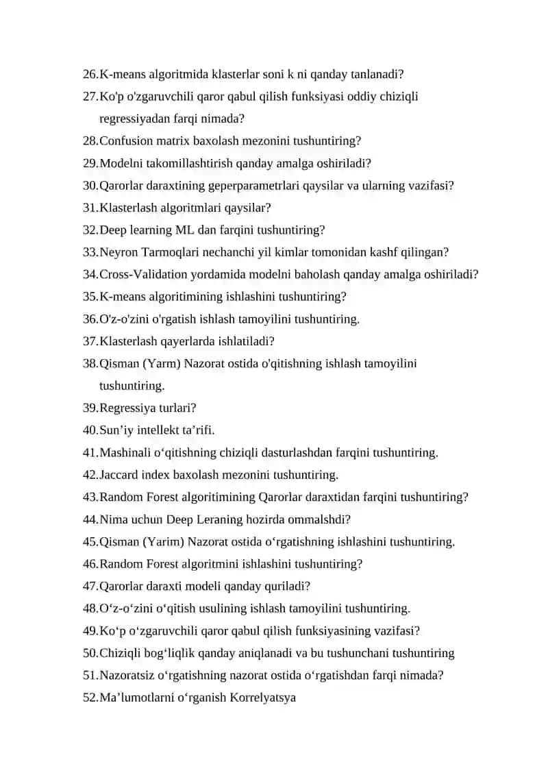 Suniy intellekt va neyron to‘rli texnologiyalari fanidan bilet savollari 2