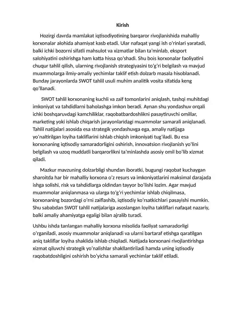 MAHALLIY KORXONA BO'YICHA SHOD TAHLIL MUAMMONI ANIQLASH VA YECHIMLARNI LOYIHA SHAKLIDA ISHLAB CHIQISH 2