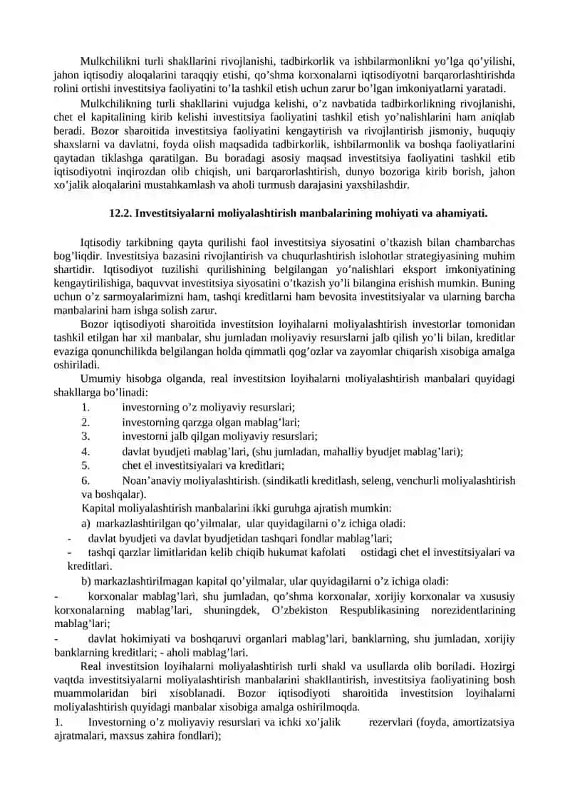 Investitsiya faoliyatini moliyalashtirish manbalari va usullari 2