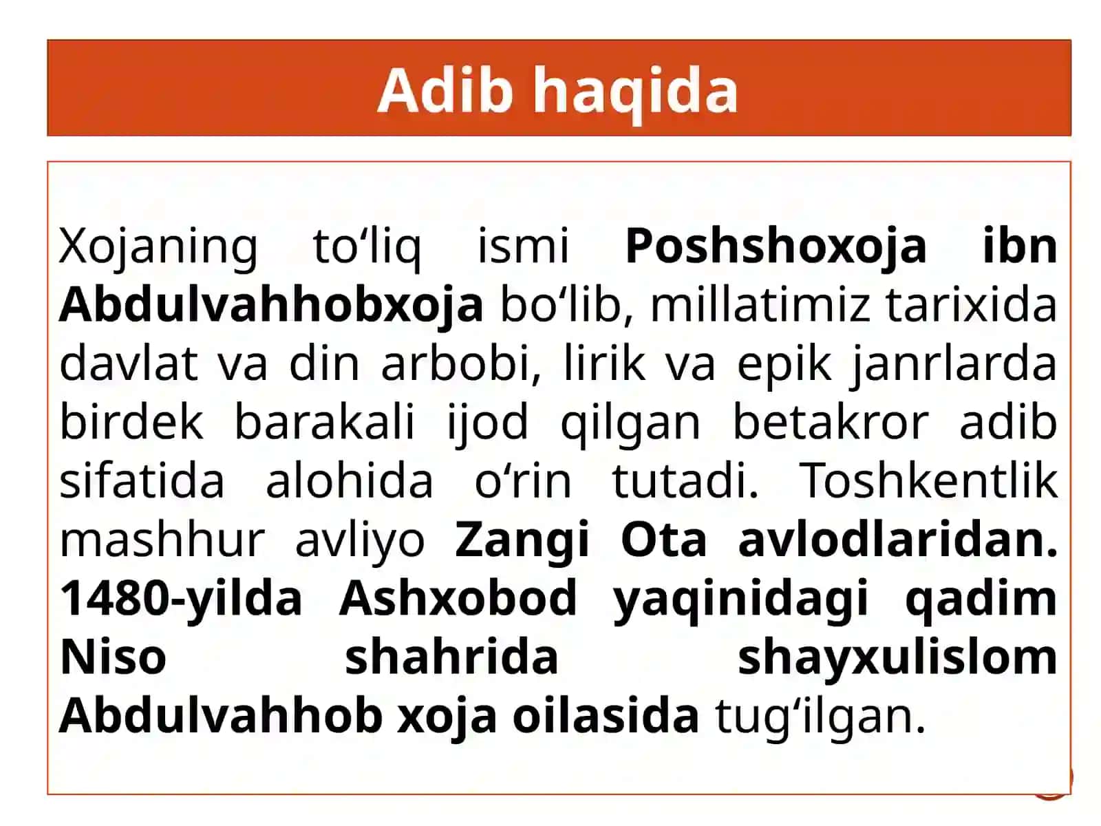 9-sinf Adabiyot fanidan Xoja hayoti va ijodi mavzuda dars ishlanma 2