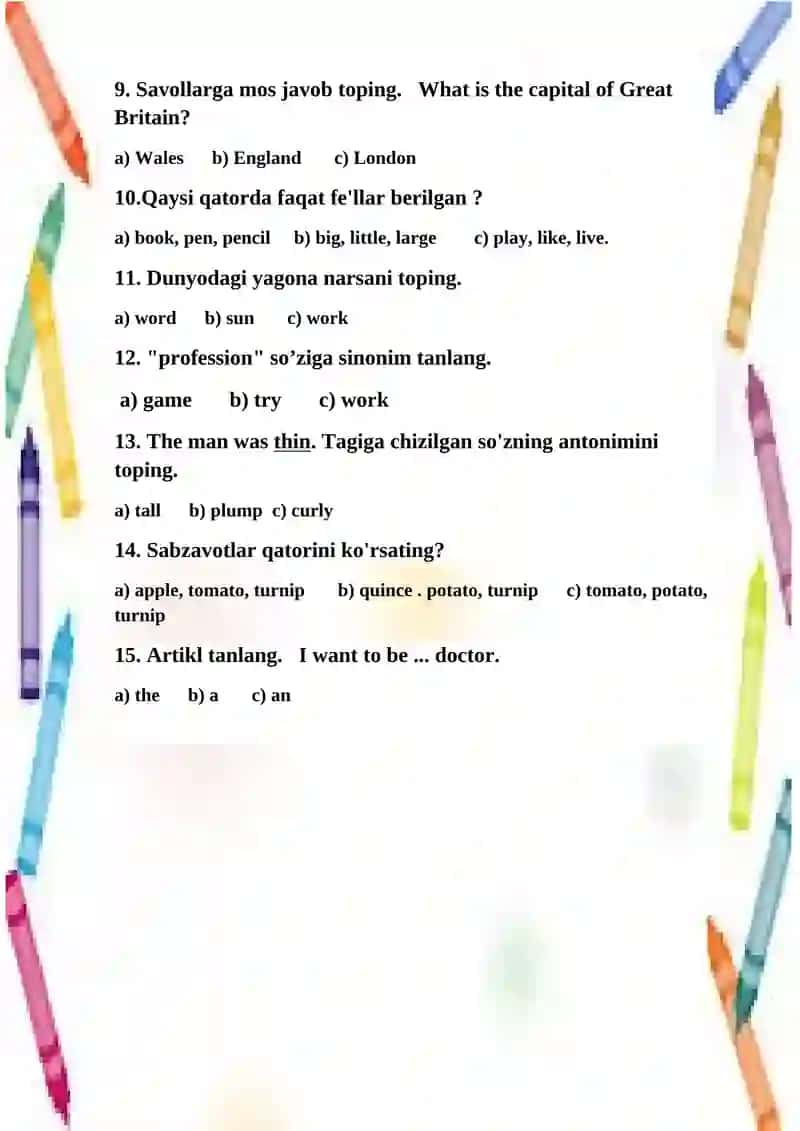 6-SINFLAR UCHUN TEST SAVOLLARI INGLIZ TILI I-VARIANT 2