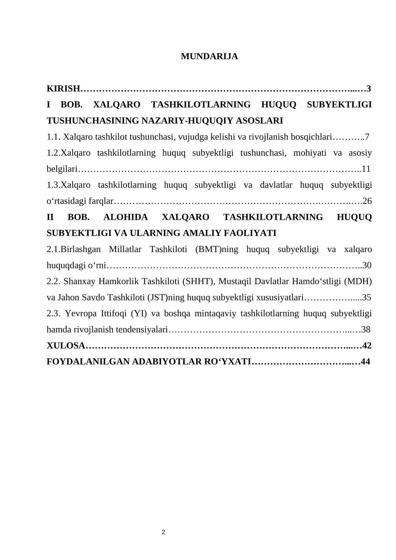 Xalqaro tashkilotlarning huquq subyektligi kurs ishi 2