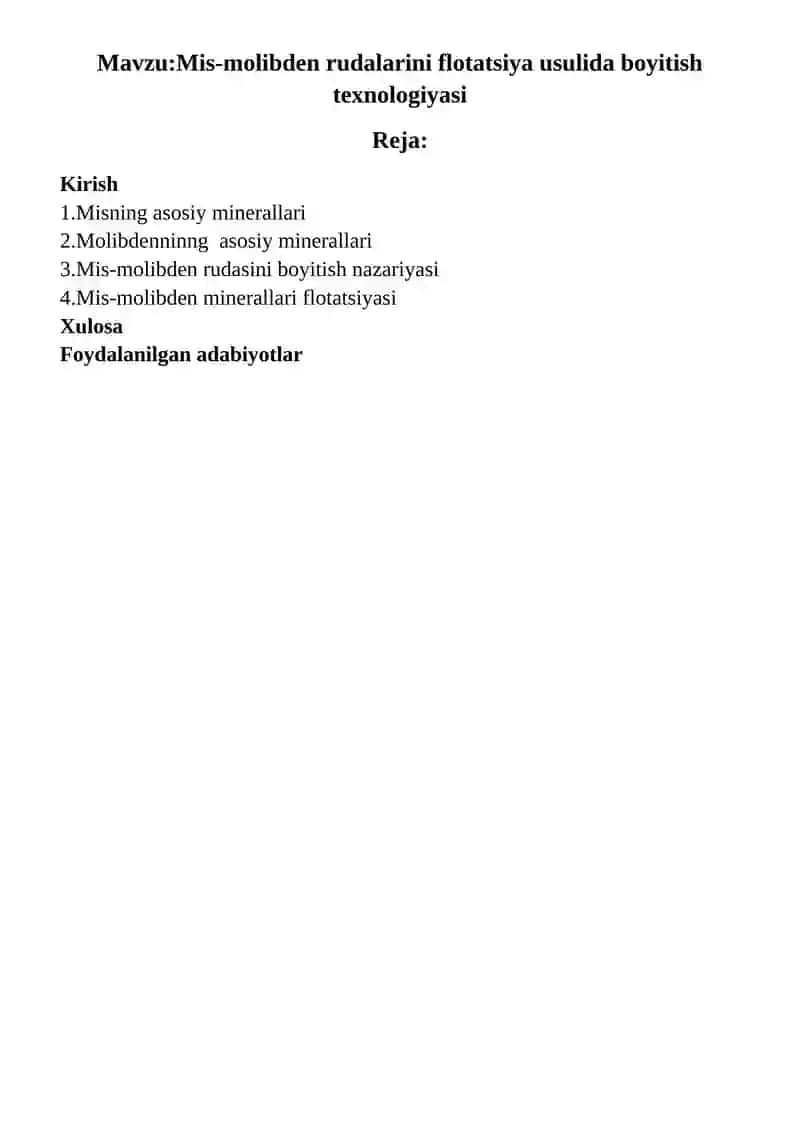 Mis-molibden rudalarini flotatsiya usulida boyitish texnologiyasi 2