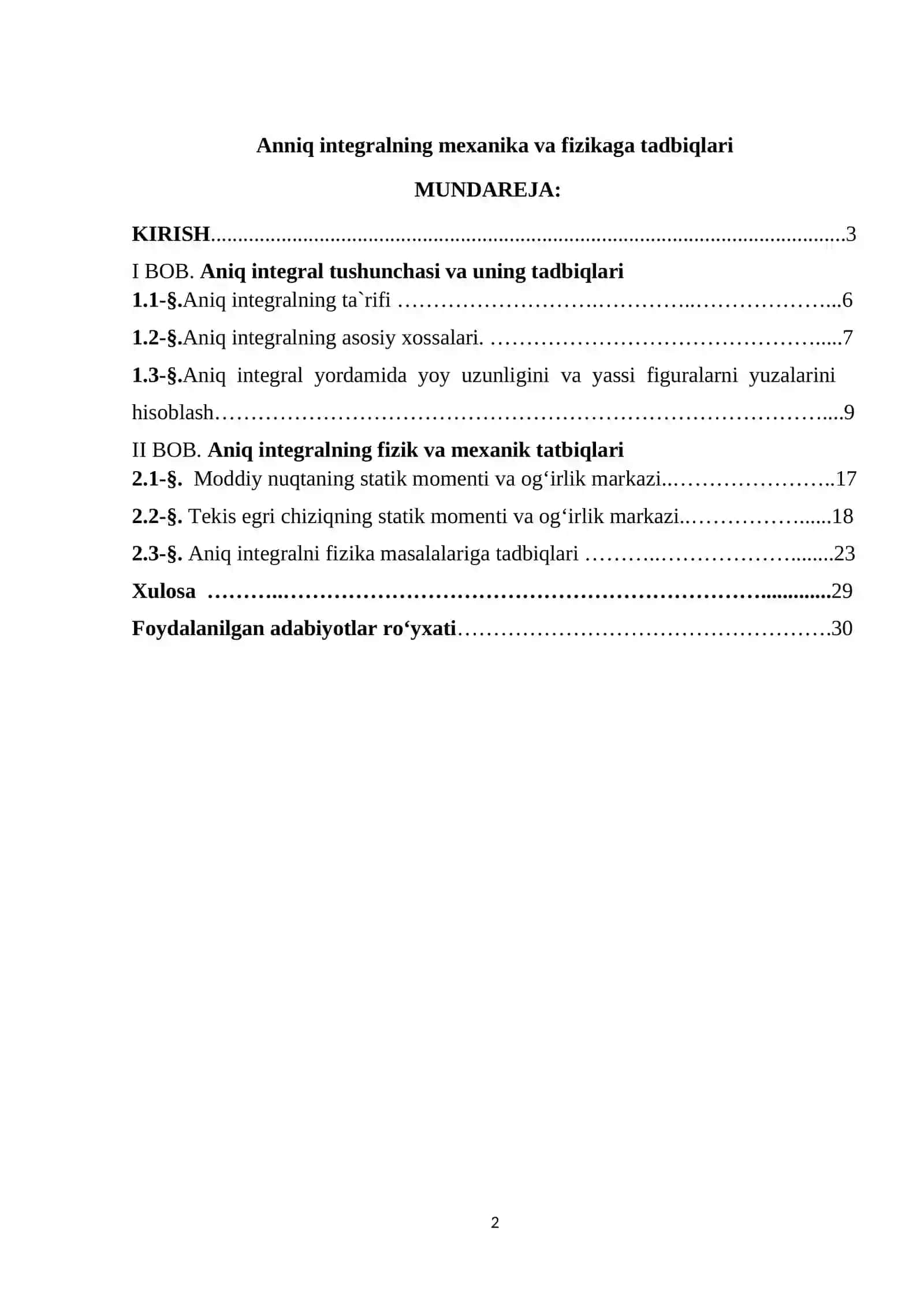 Aniq integrallarning mexanika va fizikaga tadbiqlari 2