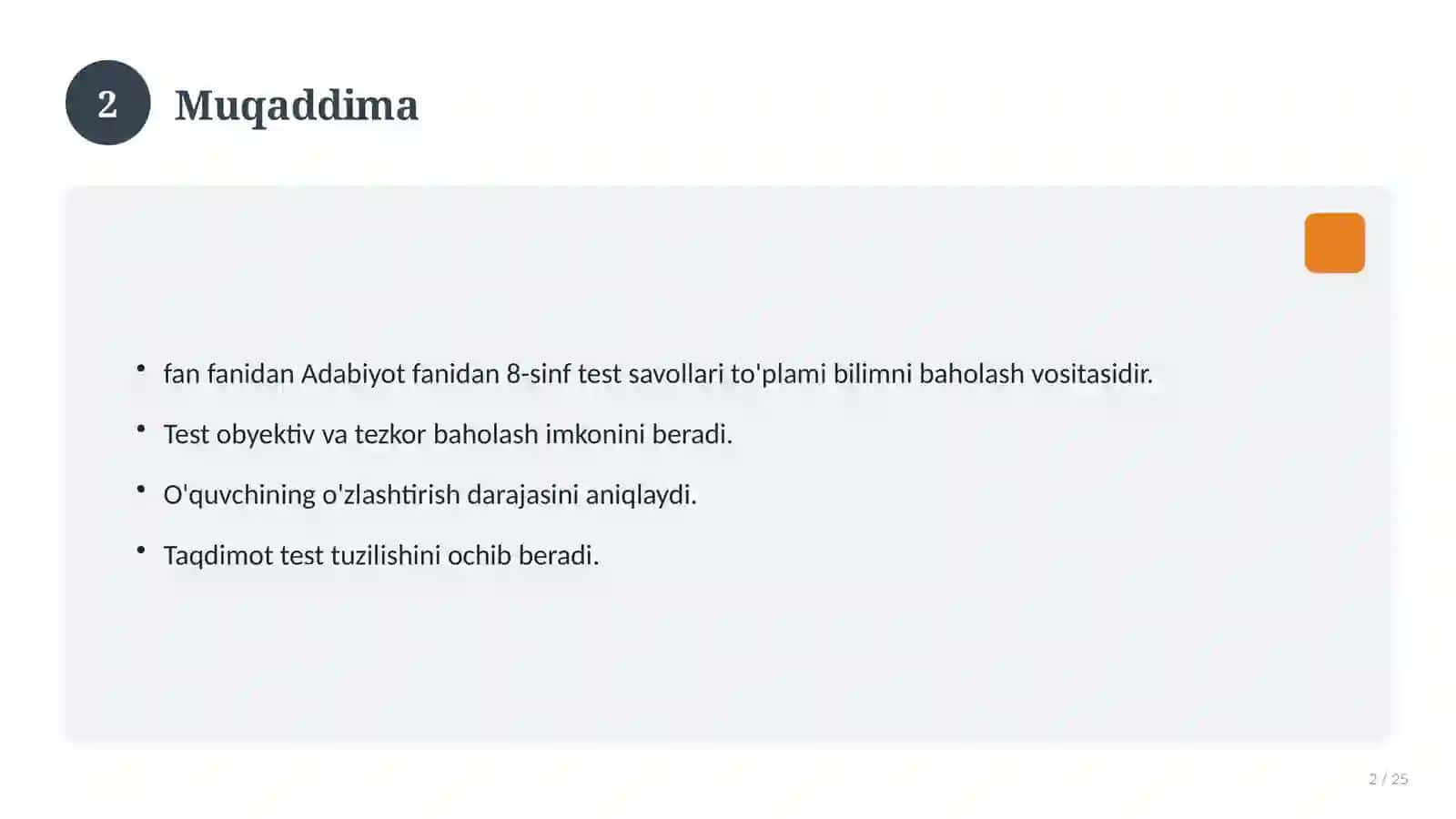 Adabiyot fanidan 8-sinf test savollari to'plami 2