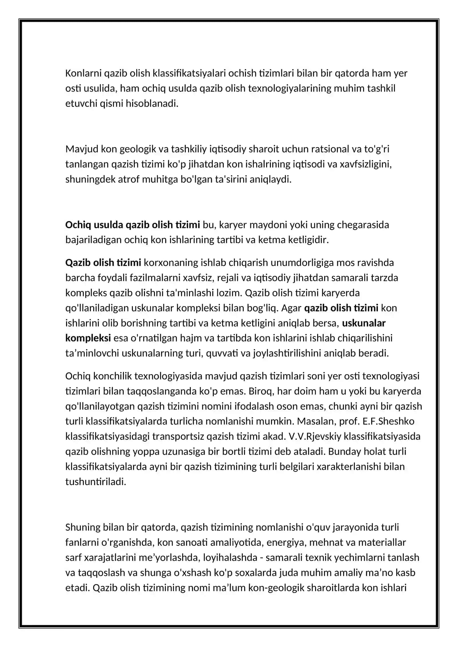 Ochiq usulda qazib olish tizimi klassifikatsiyalari 2