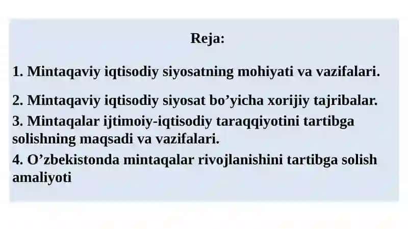 Mintaqaviy iqtisodiy siyosat.Mintaqalarni ijtimoiy-iqtisodiy rivojlanishini tartibga solish mexanizmlari 2
