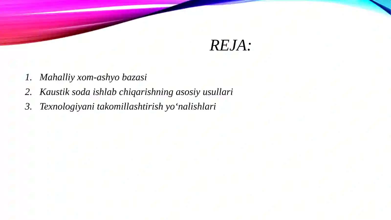 MAHALLIY XOM-ASHYOLARDAN FOYDALANIB KAUSTIK SODA ISHLAB CHIQARISH TEXNOLOGIYASINI TAKOMILLASHTIRISH. 2