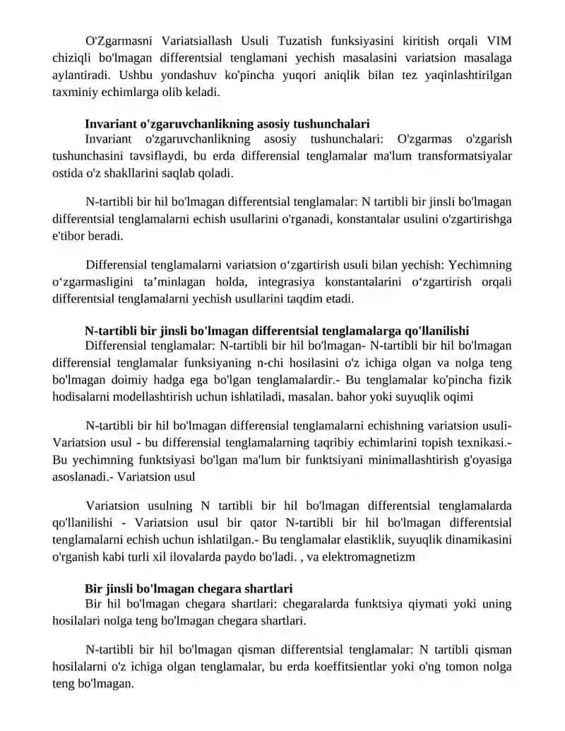 N-Tartibli Bir Jinsli Bo'Lmagan Differensial Tenglamalarning Yechishning O'Zgarmasni Variatsiallash Usuli 2